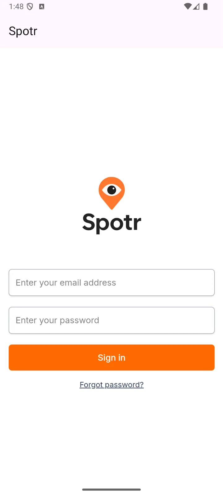 Spotr sign-in screen on Android with email and password fields and a Sign in button