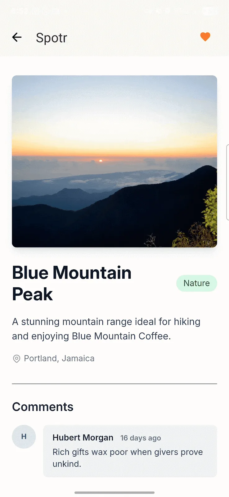 Spotr app screen showing the Blue Mountain Peak spot with a filled favorite icon