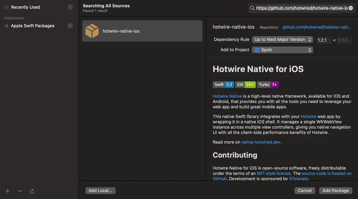 Xcode Swift package search showing the hotwire-native-ios package from GitHub