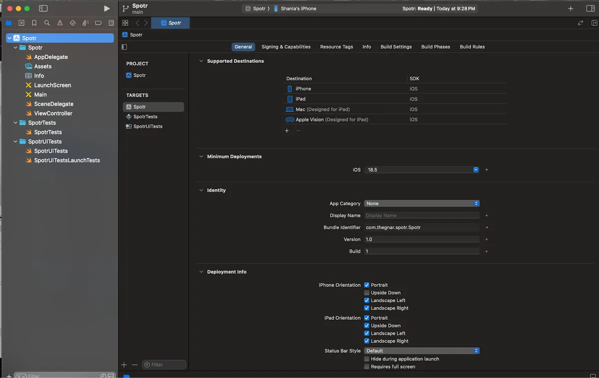 Xcode project settings for the Spotr target, showing supported destinations and deployment info