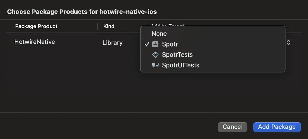 Xcode Choose Package Products dialog adding HotwireNative to the Spotr target