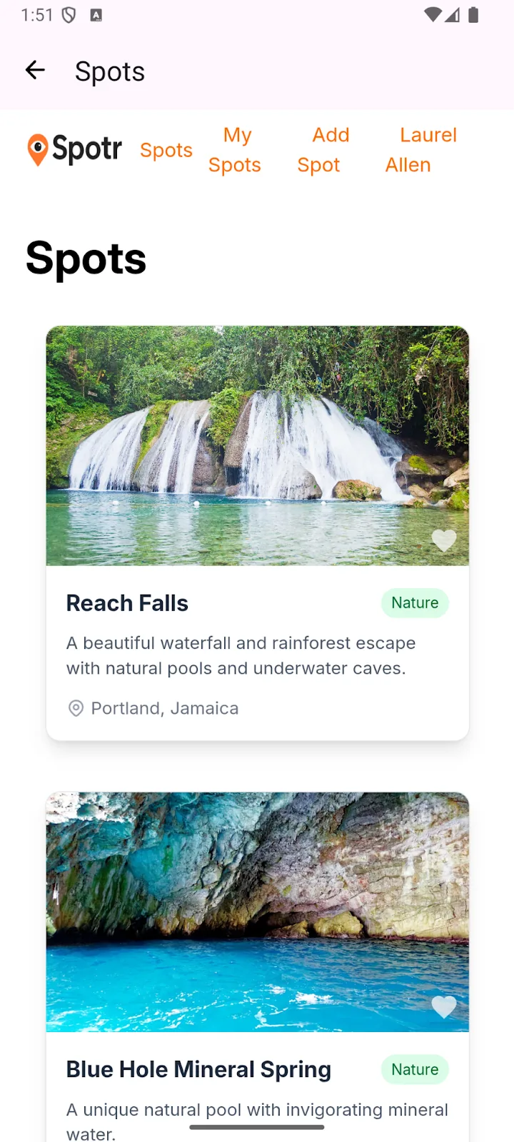 Spotr spots list rendered inside the Android app, showing the web navigation