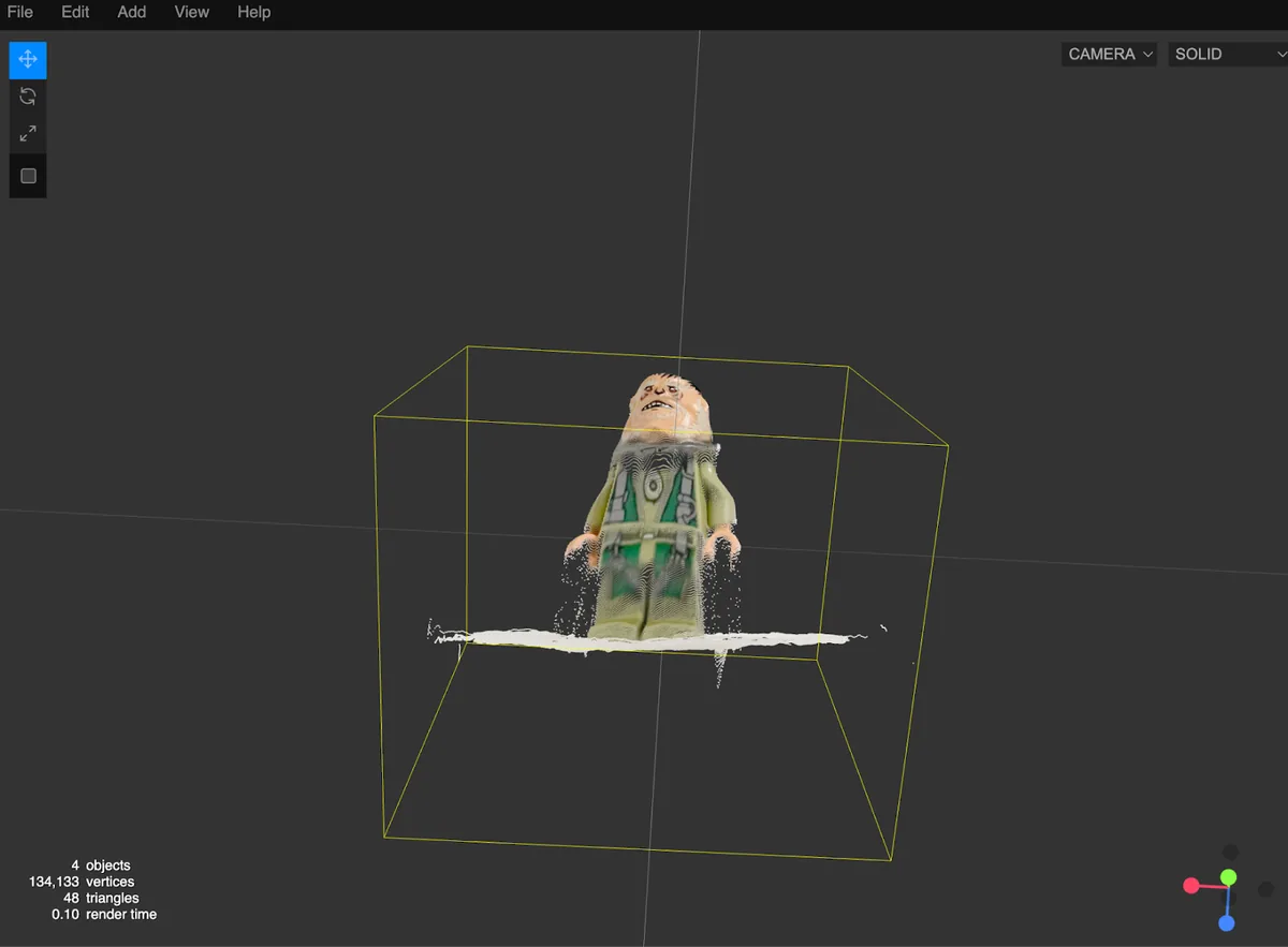 3D model of the Lego minifigure generated from the photo, loaded in the Three.js editor