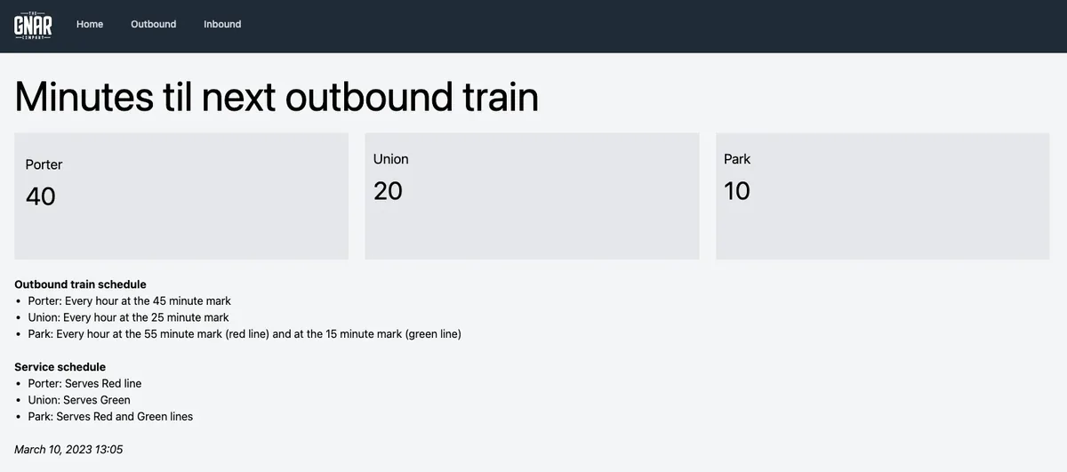 Screenshot of UI showing service details with the next train arriving at Union station in 20 minutes.