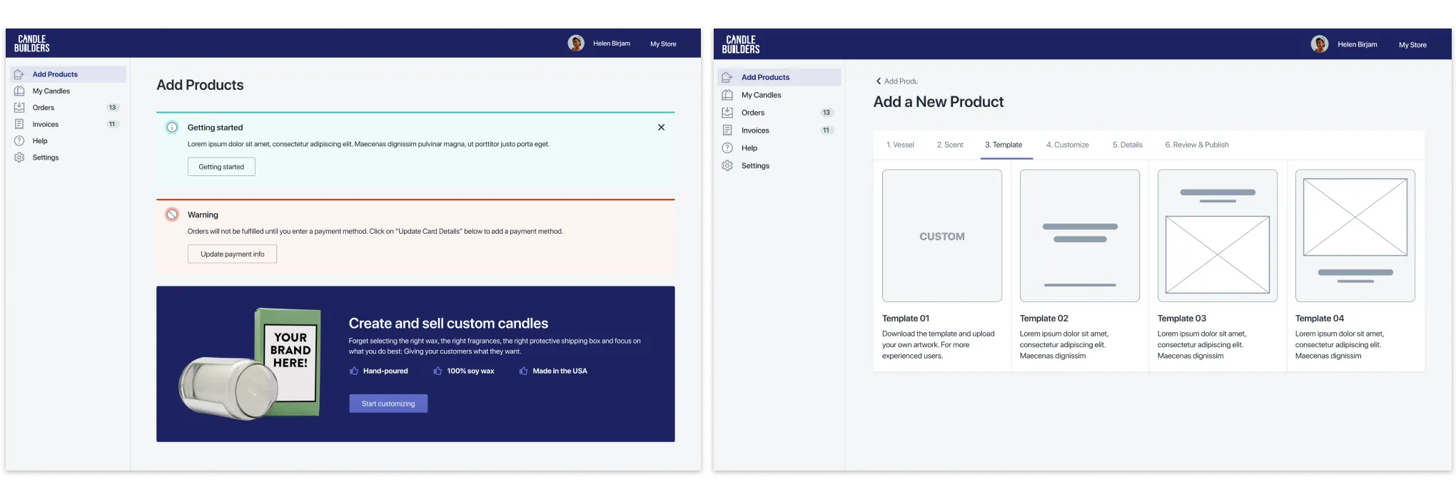 Two screens of the Candlebuilders app: Add Products and the Add a New Product template step