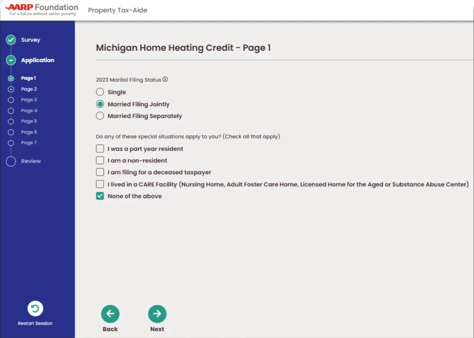 The Form Completion Tool in the rebuilt Property Tax-Aide tools, on the Michigan Home Heating Credit form