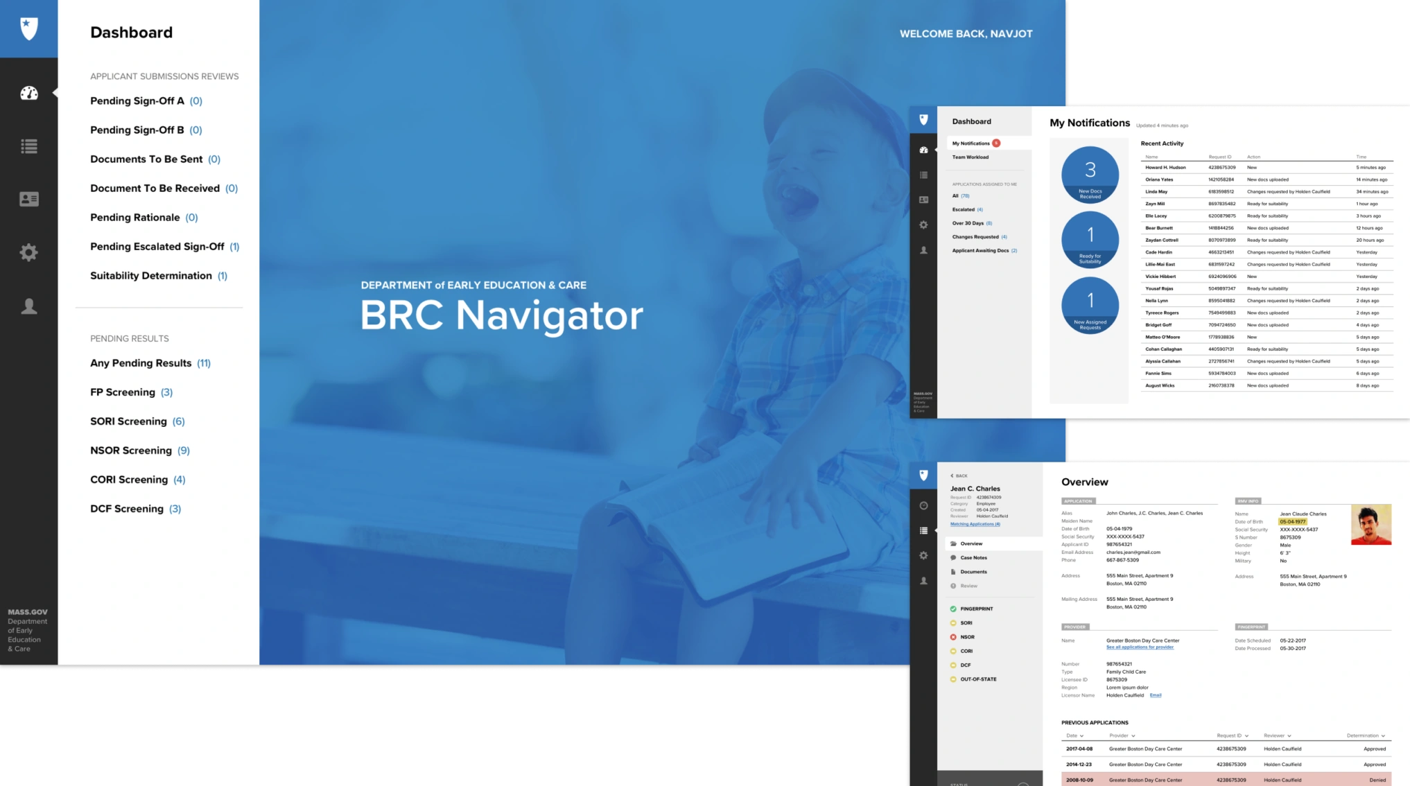 Three BRC Navigator screens: a dashboard of pending sign-offs and screenings beside a blue title panel over a photo of a child reading, a notifications list, and an applicant overview.