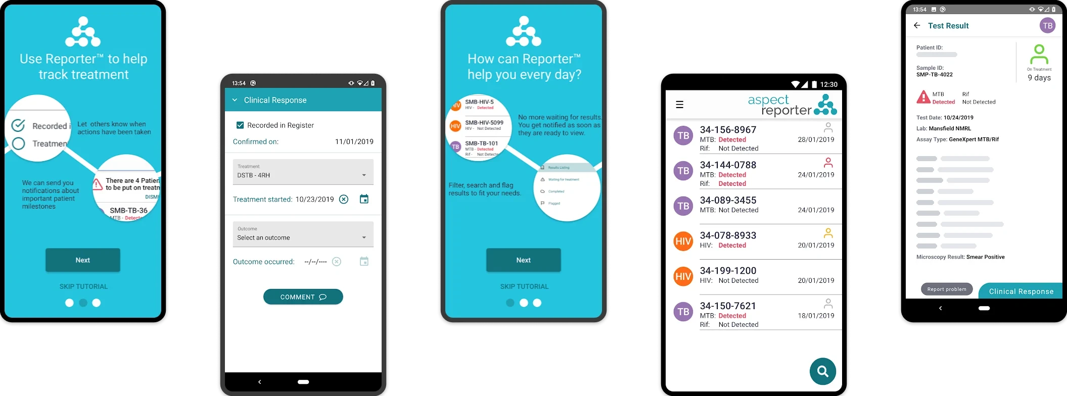 Five Aspect Reporter app screens on Android phones: two tutorial screens, a clinical response form, a list of test results and a single test result