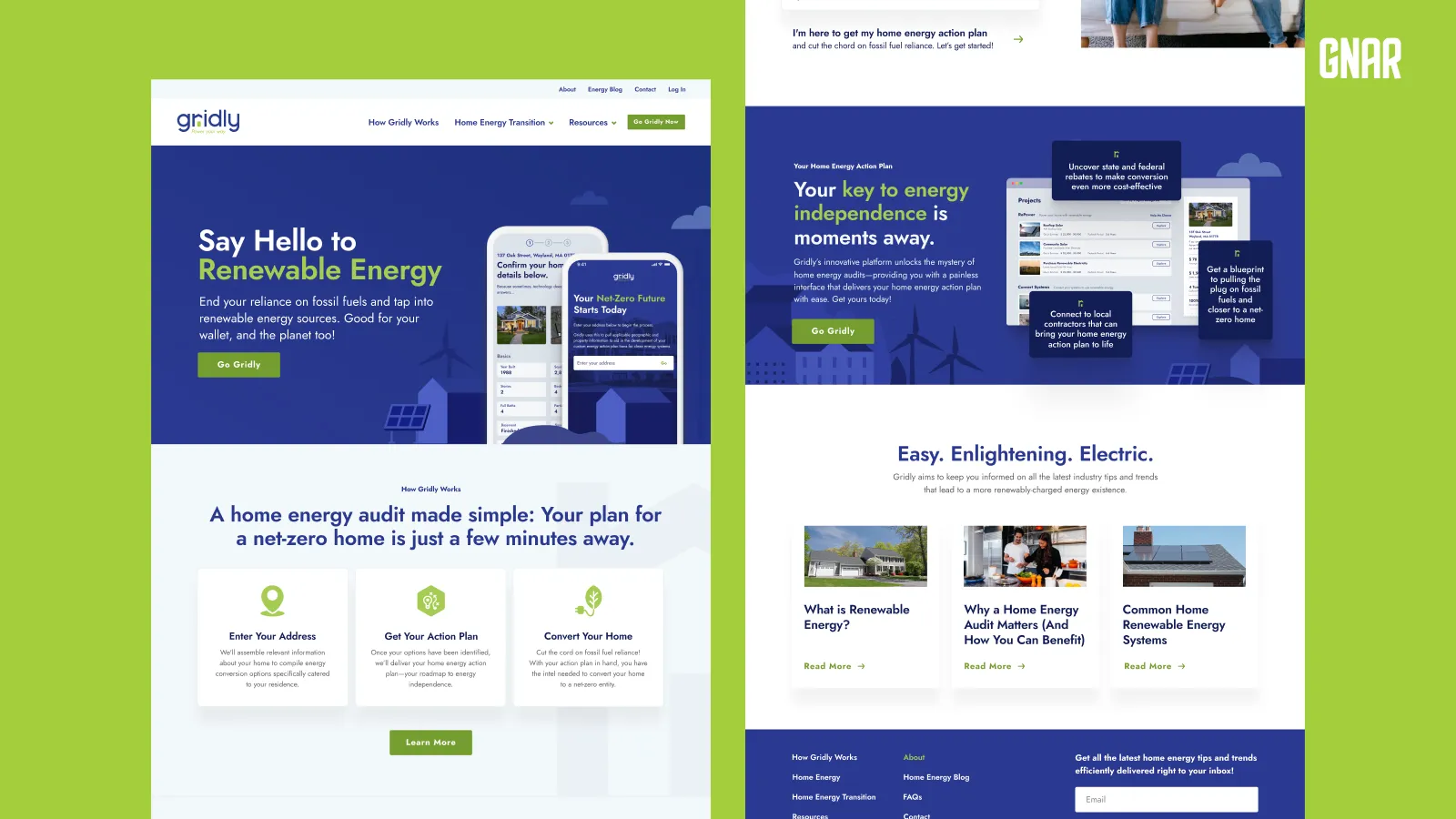 Two Gridly web pages side by side on a green background with the GNAR mark at the top right