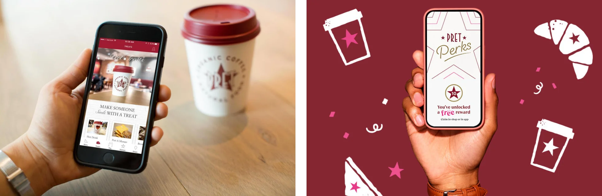 A hand holding a phone with the Pret ordering app beside a Pret coffee cup, and a hand holding a phone showing a Pret Perks free reward screen on a burgundy background.